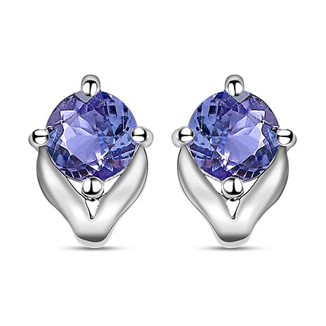 D'Joy Tanzanite Stud Earrings with Push Back in Platinum Overlay Sterling Silver 1.00 Ct.
