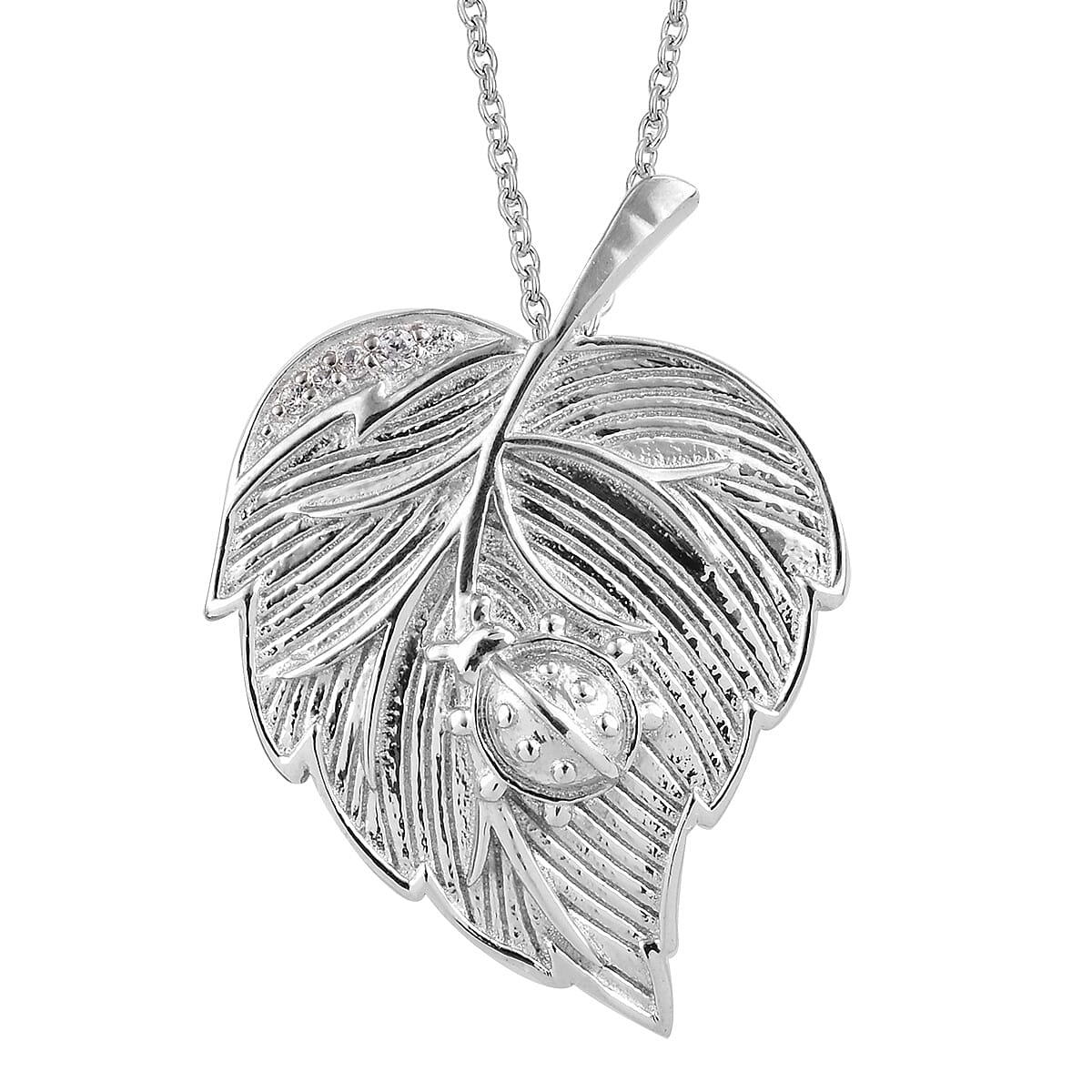 Natural Cambodian Zircon (Rnd) Ladybug on Leaf Pendant With Chain (Size 18) in Platinum Overlay Sterling Silver 0.05 Ct, Silver wt 7.38 Gms