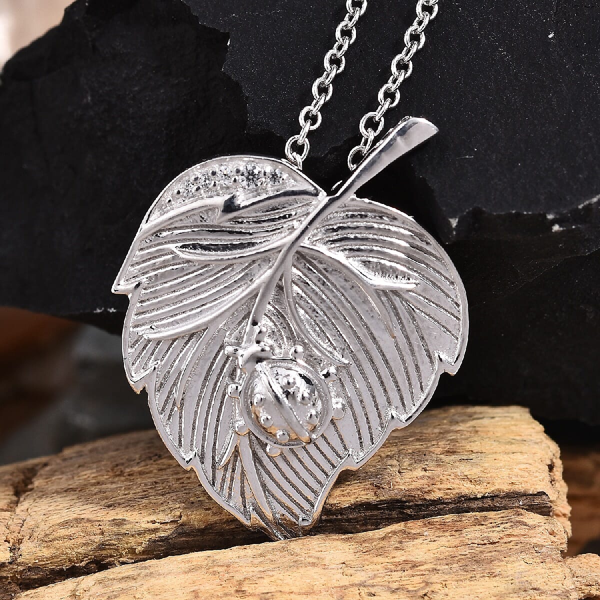 Natural Cambodian Zircon (Rnd) Ladybug on Leaf Pendant With Chain (Size 18) in Platinum Overlay Sterling Silver 0.05 Ct, Silver wt 7.38 Gms