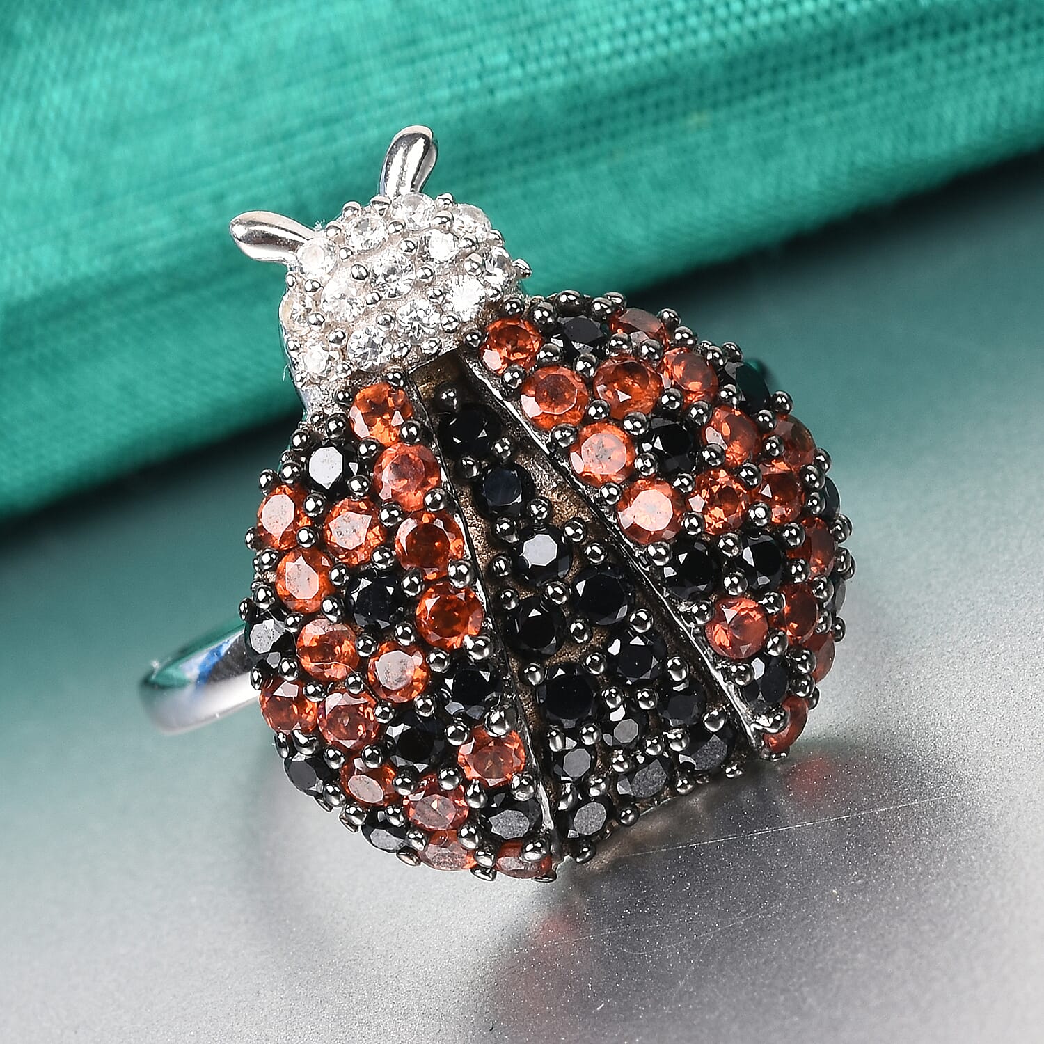 GP Boi Ploi Black Spinel (Rnd), Mozambique Garnet, Blue Sapphire and Natural Cambodian Zircon Ladybug Ring in Platinum Overlay Sterling Silver 2.000 Ct.