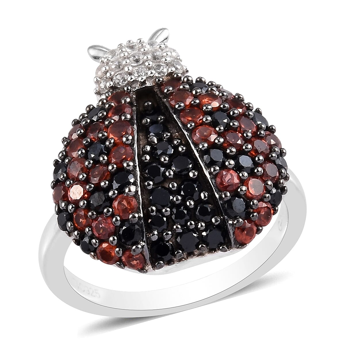 GP Boi Ploi Black Spinel (Rnd), Mozambique Garnet, Blue Sapphire and Natural Cambodian Zircon Ladybug Ring in Platinum Overlay Sterling Silver 2.000 Ct.