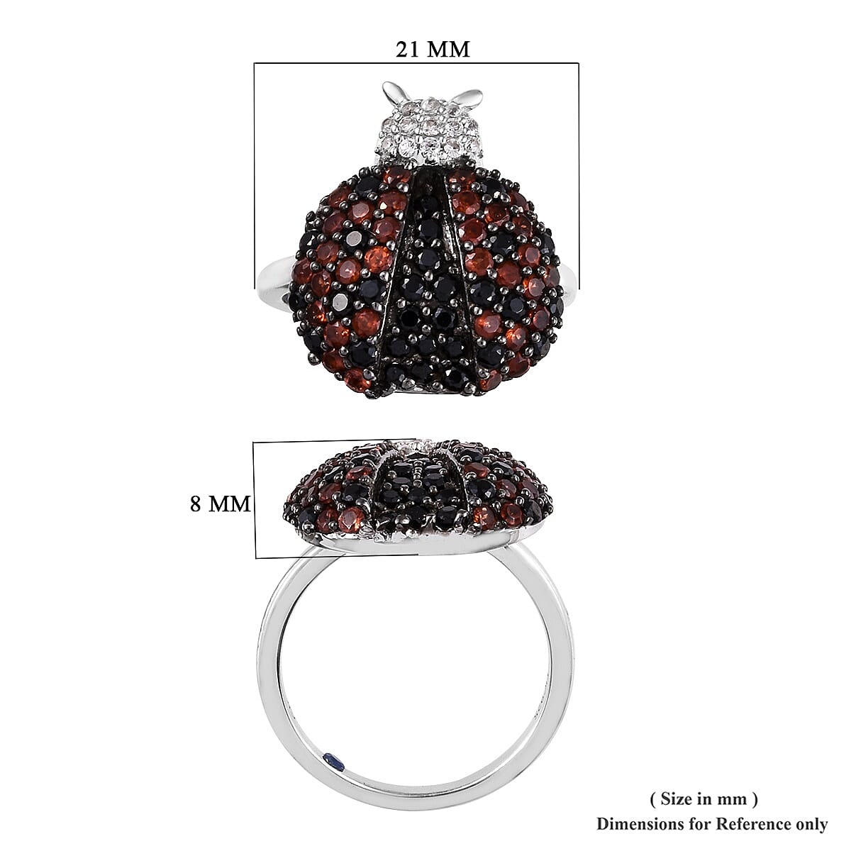GP Boi Ploi Black Spinel (Rnd), Mozambique Garnet, Blue Sapphire and Natural Cambodian Zircon Ladybug Ring in Platinum Overlay Sterling Silver 2.000 Ct.