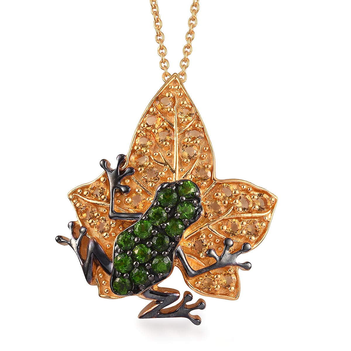 GP Chrome Diopside (Rnd), Citrine and Blue Sapphire Frog on Maple Leaf Pendant with Chain (Size 18) in Platinum and Yellow Gold Overlay Sterling Silver 2.270 Ct, Silver wt 8.40 Gms.