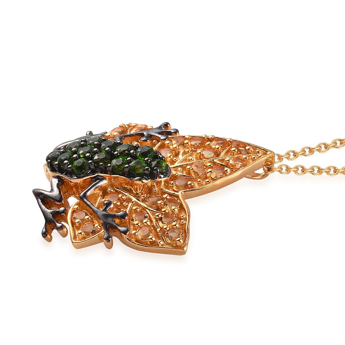 GP Chrome Diopside (Rnd), Citrine and Blue Sapphire Frog on Maple Leaf Pendant with Chain (Size 18) in Platinum and Yellow Gold Overlay Sterling Silver 2.270 Ct, Silver wt 8.40 Gms.