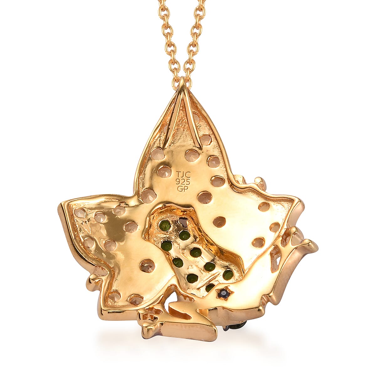 GP Chrome Diopside (Rnd), Citrine and Blue Sapphire Frog on Maple Leaf Pendant with Chain (Size 18) in Platinum and Yellow Gold Overlay Sterling Silver 2.270 Ct, Silver wt 8.40 Gms.