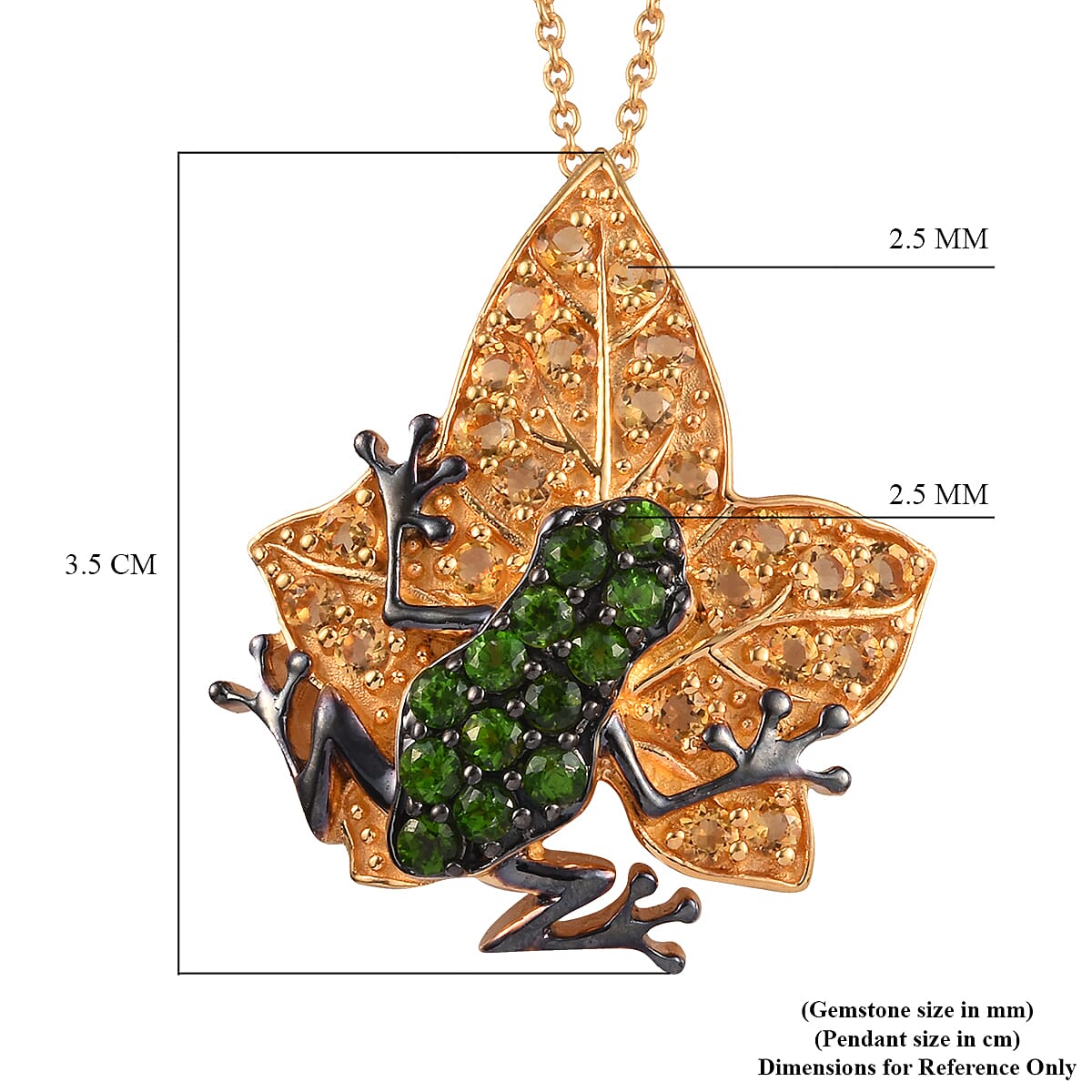 GP Chrome Diopside (Rnd), Citrine and Blue Sapphire Frog on Maple Leaf Pendant with Chain (Size 18) in Platinum and Yellow Gold Overlay Sterling Silver 2.270 Ct, Silver wt 8.40 Gms.