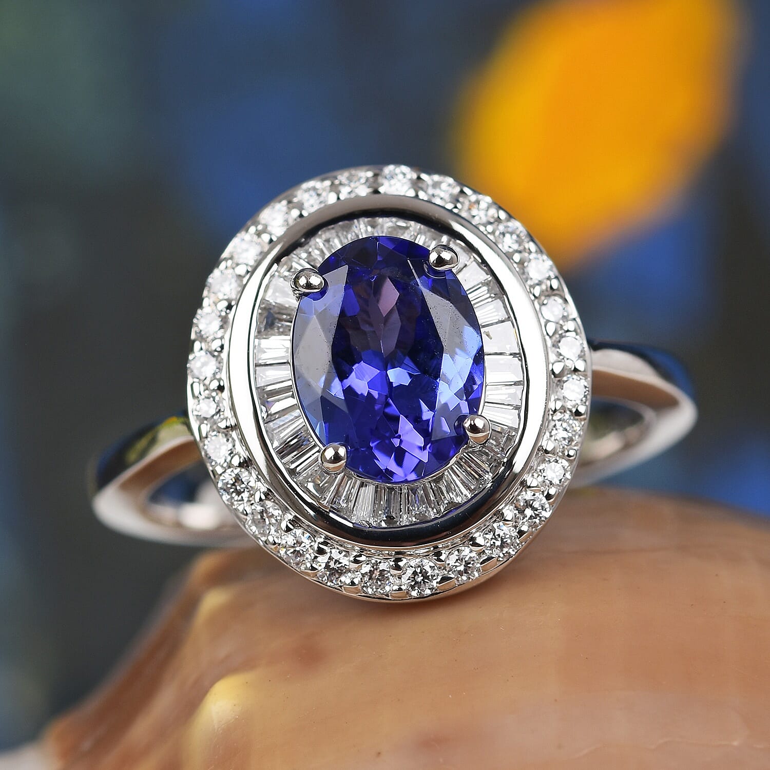 RHAPSODY 950 Platinum AAAA Tanzanite (Ovl 8x6mm), Diamond (VS-E-F) Ballerina Ring 1.75 Ct, Platinum wt 6.00 Gms.