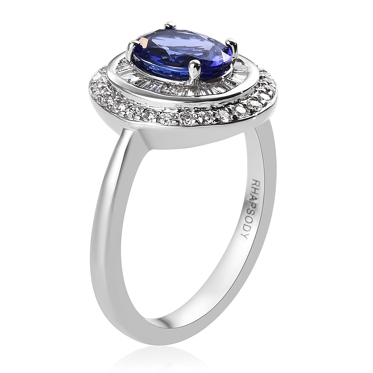 RHAPSODY 950 Platinum AAAA Tanzanite (Ovl 8x6mm), Diamond (VS-E-F) Ballerina Ring 1.75 Ct, Platinum wt 6.00 Gms.