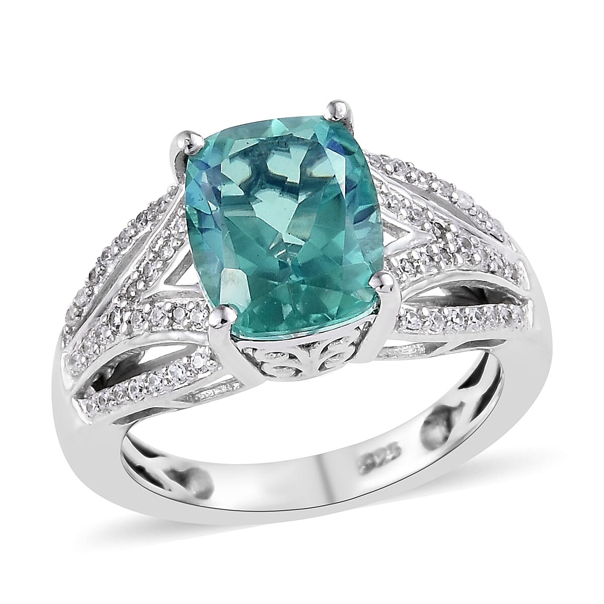 Peacock Quartz (Cush 10x8 mm), Natural Cambodian Zircon Ring in Platinum Overlay Sterling Silver 3.50 Ct.