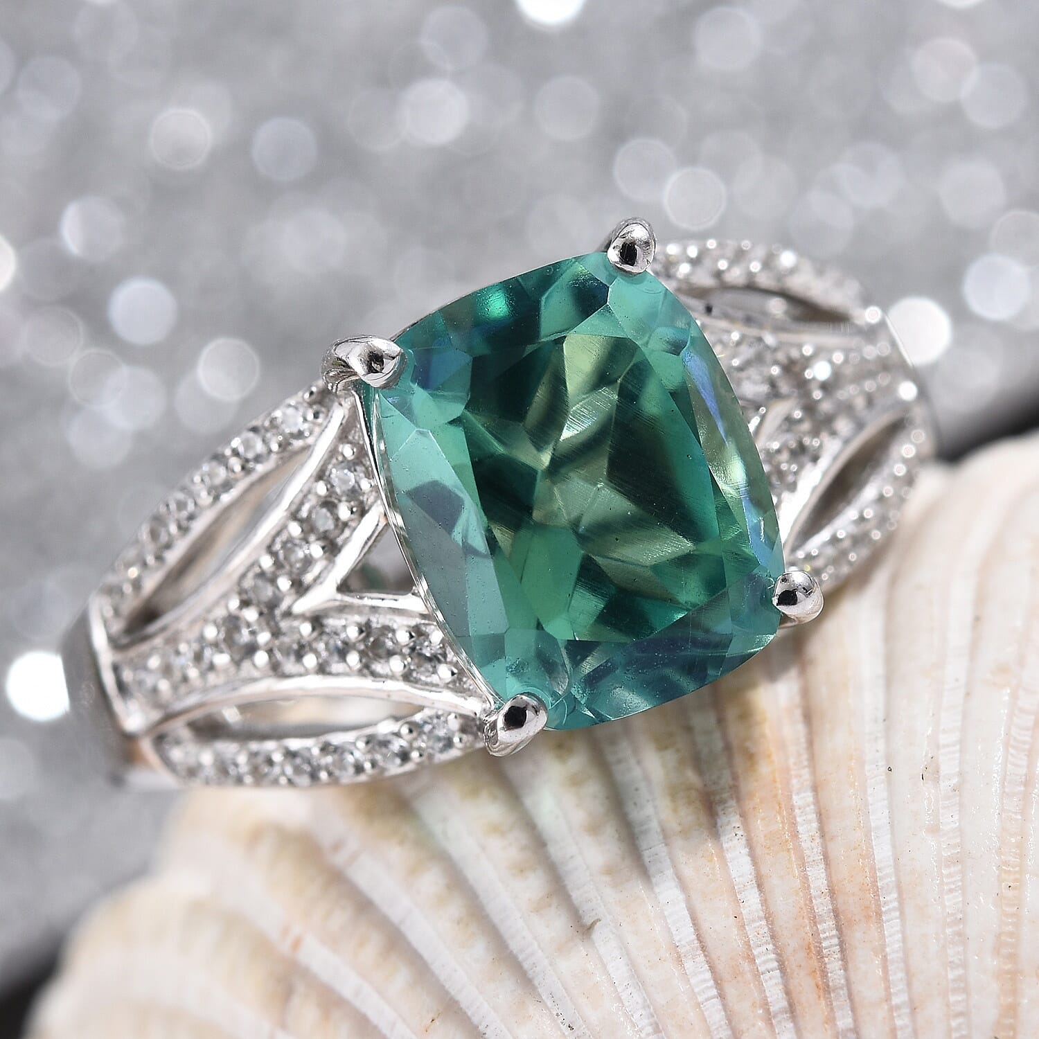 Peacock Quartz (Cush 10x8 mm), Natural Cambodian Zircon Ring in Platinum Overlay Sterling Silver 3.50 Ct.
