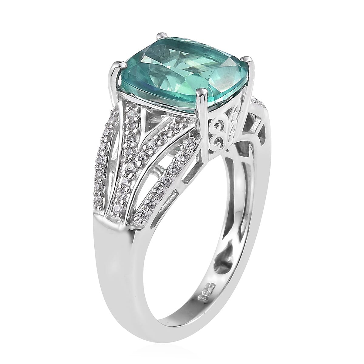 Peacock Quartz (Cush 10x8 mm), Natural Cambodian Zircon Ring in Platinum Overlay Sterling Silver 3.50 Ct.
