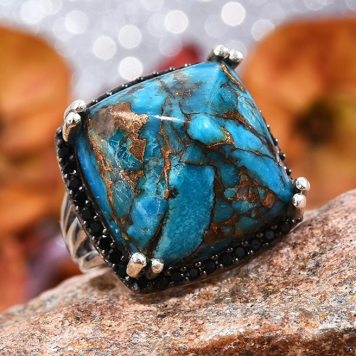 GP Mojave Blue Turquoise (Cush 18x18 mm), Boi Ploi Black Spinel and Blue Sapphire Pyramid Ring in Platinum Overlay Sterling Silver 33.25 Ct, Silver wt 7.83 Gms