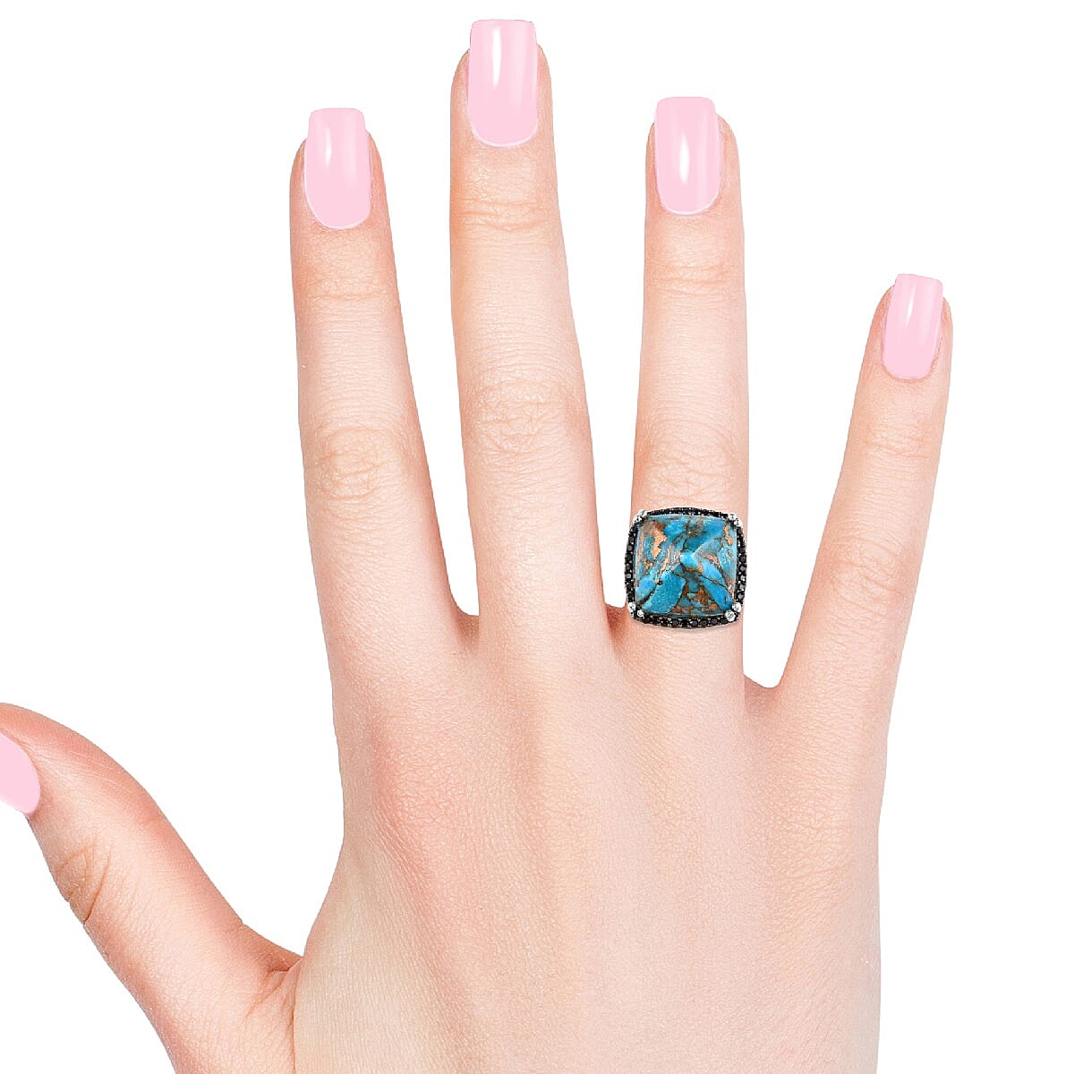 GP Mojave Blue Turquoise (Cush 18x18 mm), Boi Ploi Black Spinel and Blue Sapphire Pyramid Ring in Platinum Overlay Sterling Silver 33.25 Ct, Silver wt 7.83 Gms