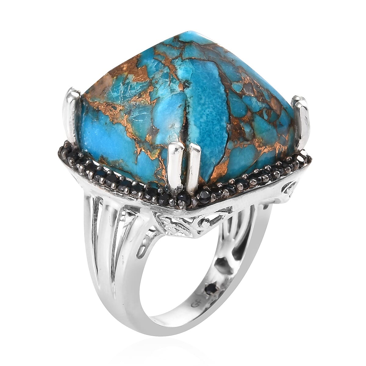 GP Mojave Blue Turquoise (Cush 18x18 mm), Boi Ploi Black Spinel and Blue Sapphire Pyramid Ring in Platinum Overlay Sterling Silver 33.25 Ct, Silver wt 7.83 Gms