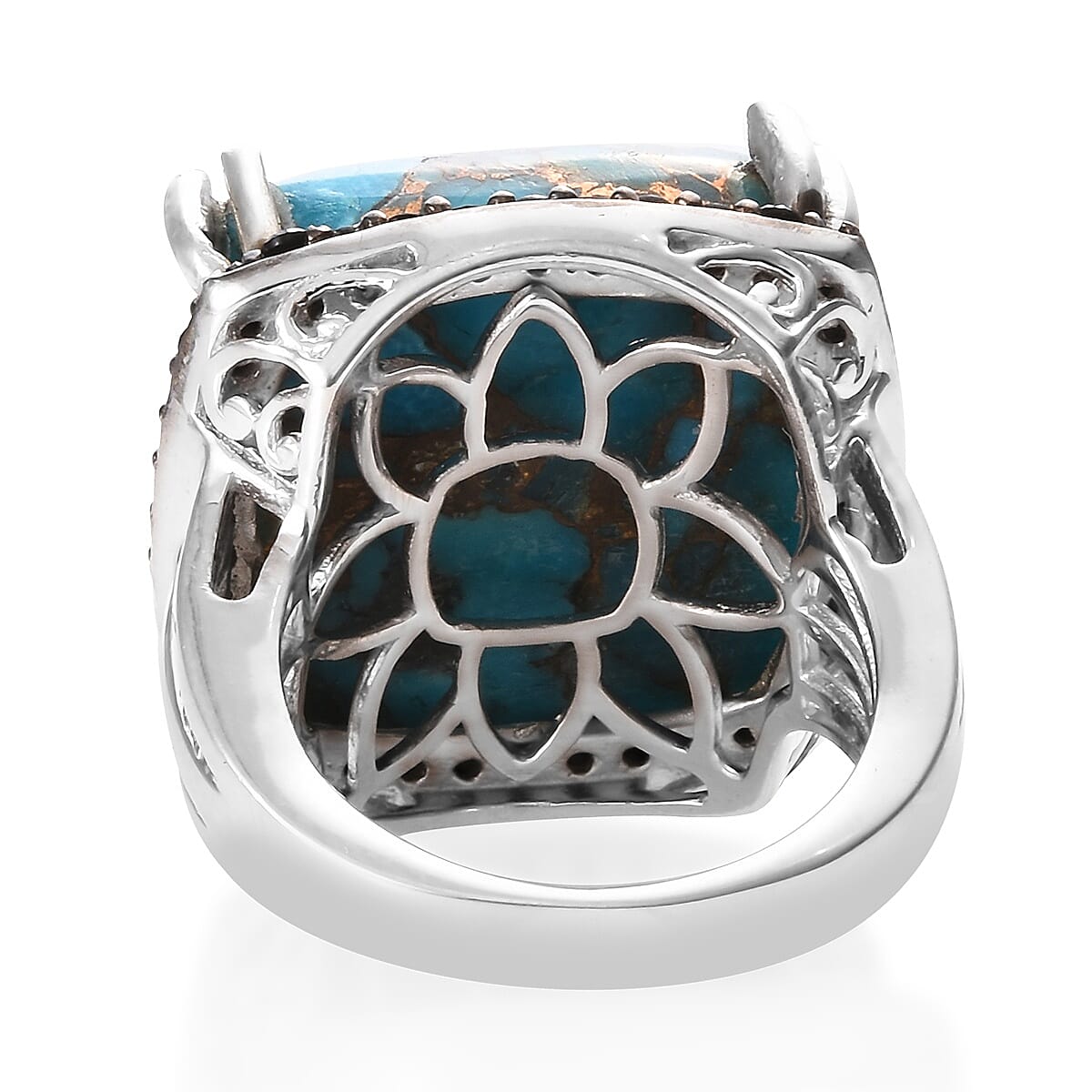 GP Mojave Blue Turquoise (Cush 18x18 mm), Boi Ploi Black Spinel and Blue Sapphire Pyramid Ring in Platinum Overlay Sterling Silver 33.25 Ct, Silver wt 7.83 Gms