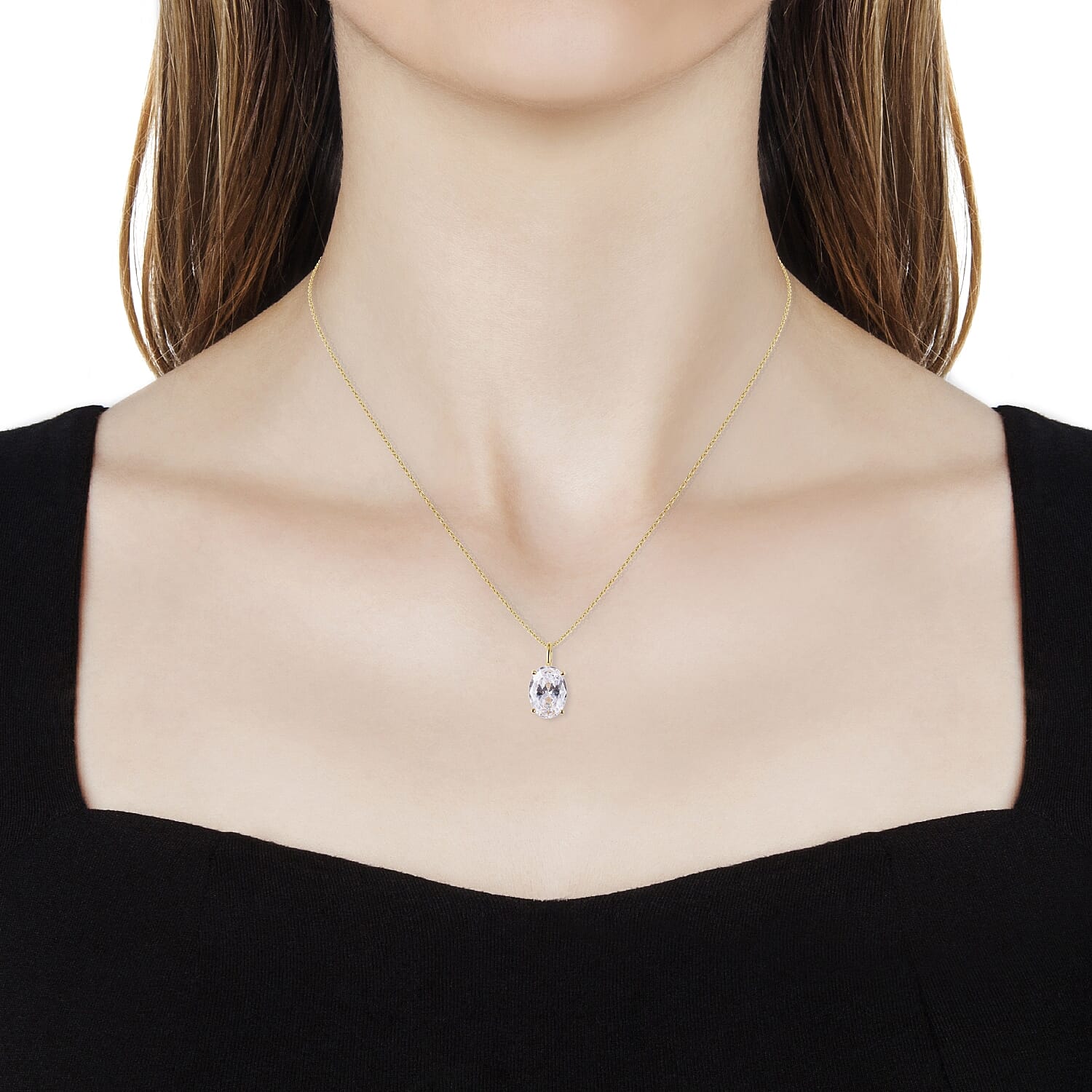 ELANZA Simulated Diamond (Ovl 14x10 mm) Pendant With Chain (Size 18) in 14K Gold Overlay Sterling Silver