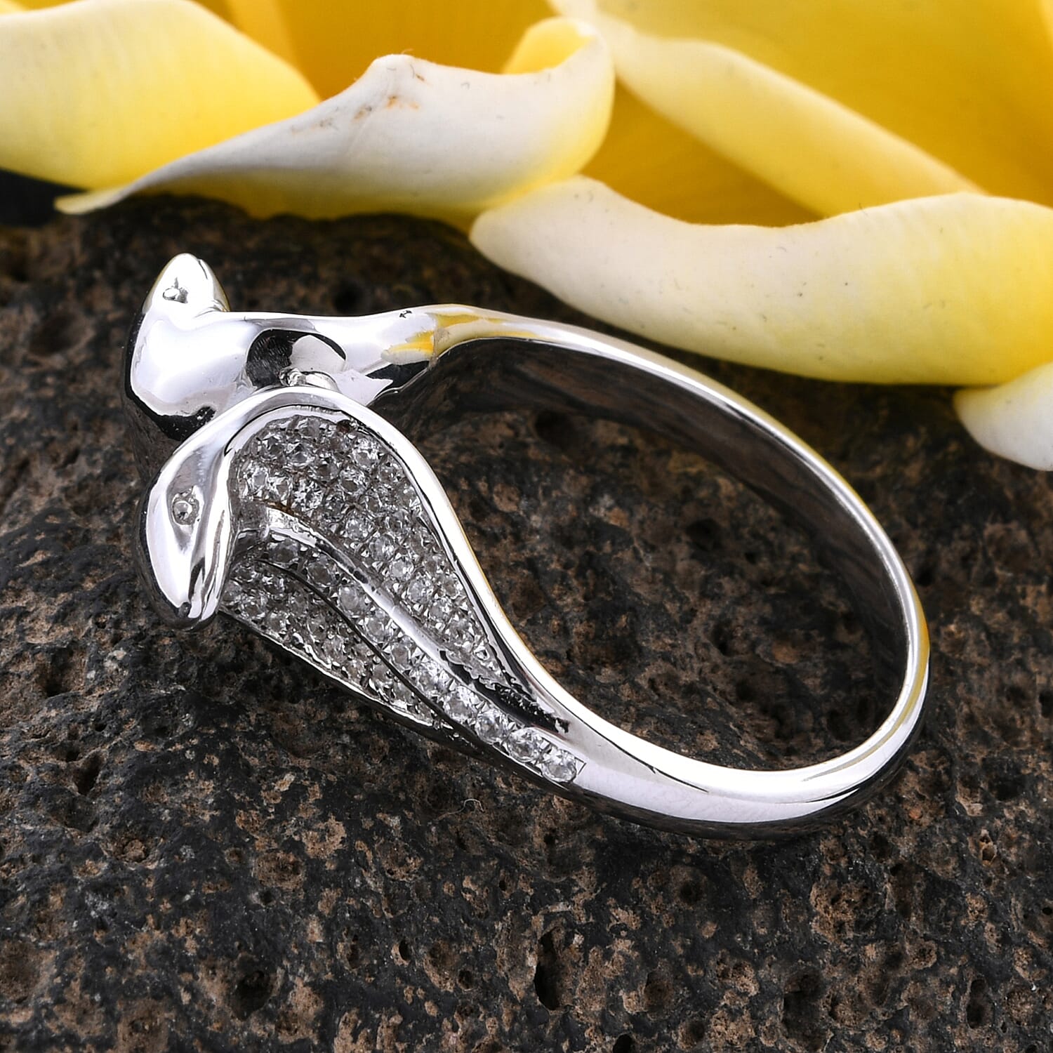 Bali Legacy Collection Natural White Cambodian Zircon (Rnd) Snake Ring in Sterling Silver 0.160 Ct, Silver wt 9.33 Gms