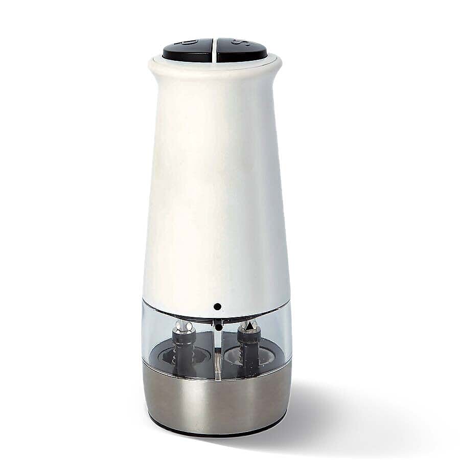 2 in 1 Stainless Steel Electric Salt and Pepper Mill with Two Compartments (Size 17x6.5 Cm) (6xAAA Battery not Included) - White