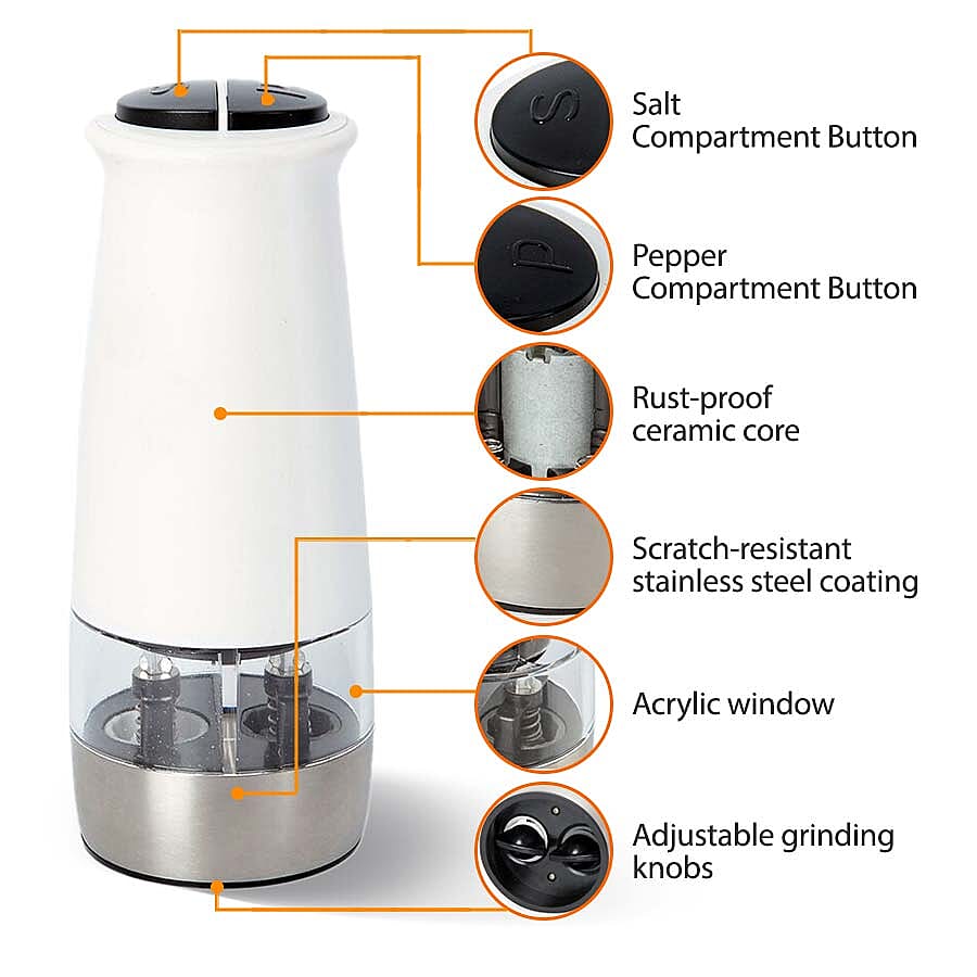 2 in 1 Stainless Steel Electric Salt and Pepper Mill with Two Compartments (Size 17x6.5 Cm) (6xAAA Battery not Included) - White