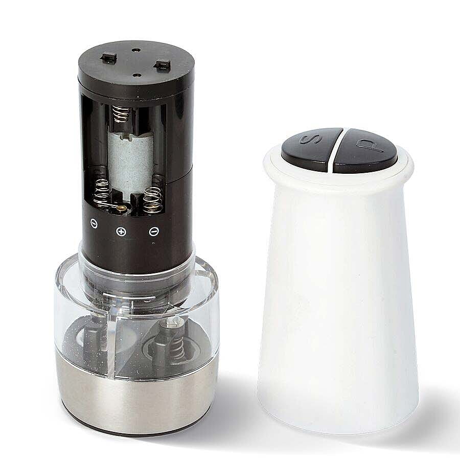 2 in 1 Stainless Steel Electric Salt and Pepper Mill with Two Compartments (Size 17x6.5 Cm) (6xAAA Battery not Included) - White
