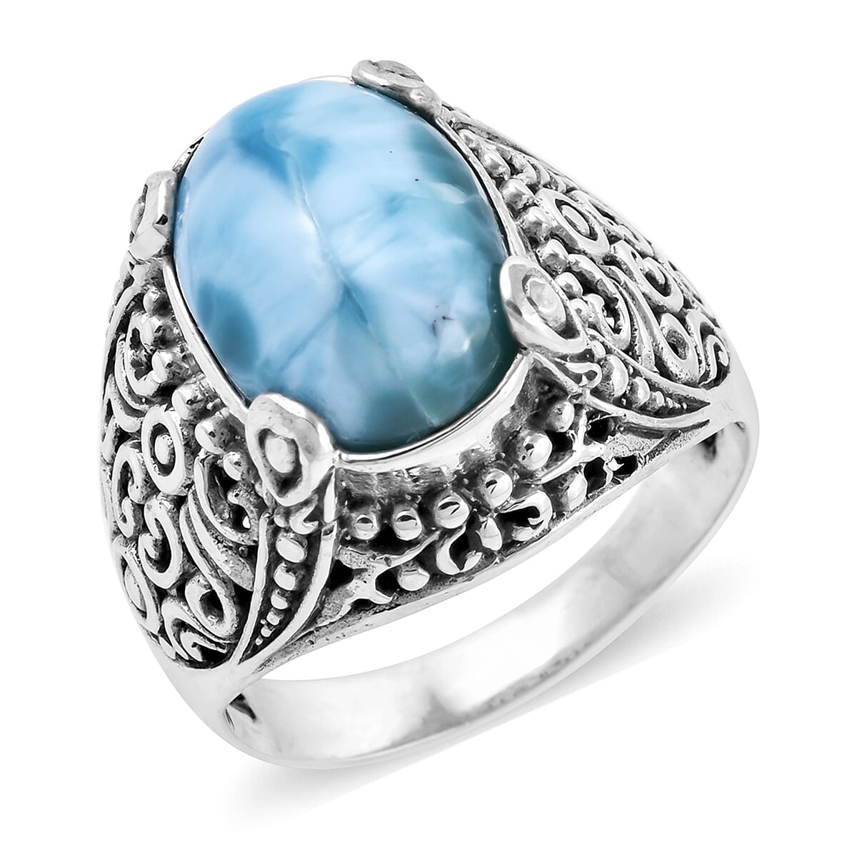 Hand Made Larimar (Ovl 14x10 mm) Filigree Design Ring in Sterling Silver 6.50 Ct, Silver wt 6.80 Gms