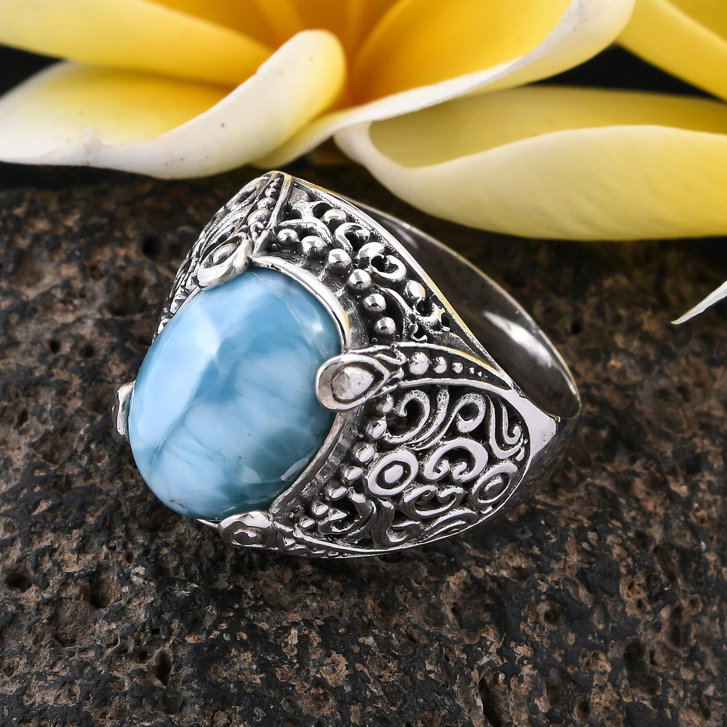 Hand Made Larimar (Ovl 14x10 mm) Filigree Design Ring in Sterling Silver 6.50 Ct, Silver wt 6.80 Gms