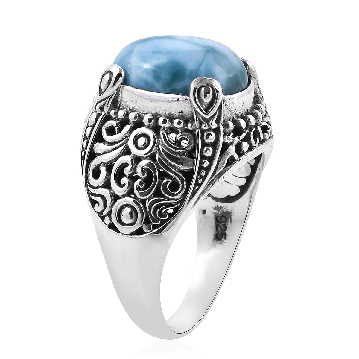 Hand Made Larimar (Ovl 14x10 mm) Filigree Design Ring in Sterling Silver 6.50 Ct, Silver wt 6.80 Gms