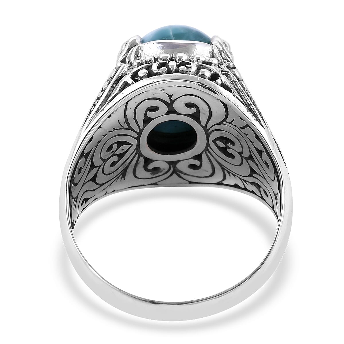 Hand Made Larimar (Ovl 14x10 mm) Filigree Design Ring in Sterling Silver 6.50 Ct, Silver wt 6.80 Gms
