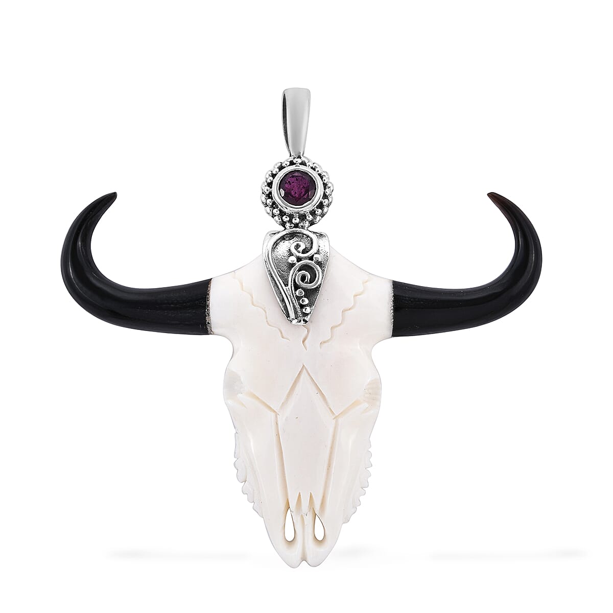 Princess Bali Collection OX Bone Carved Face and African Ruby Pendant in Sterling Silver 1.221 Ct.