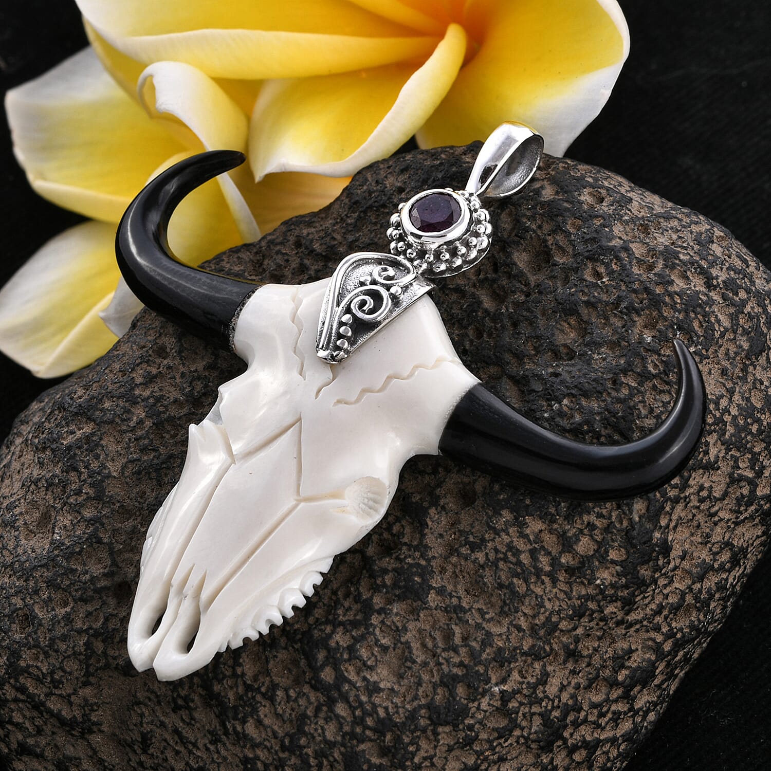 Princess Bali Collection OX Bone Carved Face and African Ruby Pendant in Sterling Silver 1.221 Ct.