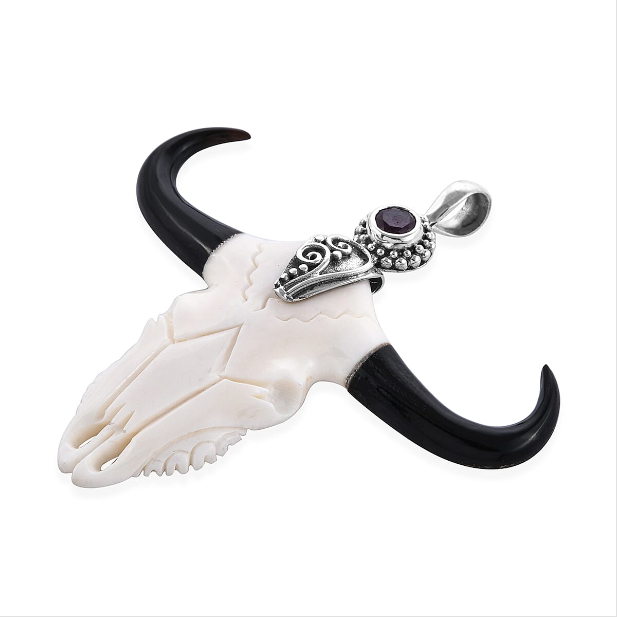Princess Bali Collection OX Bone Carved Face and African Ruby Pendant in Sterling Silver 1.221 Ct.