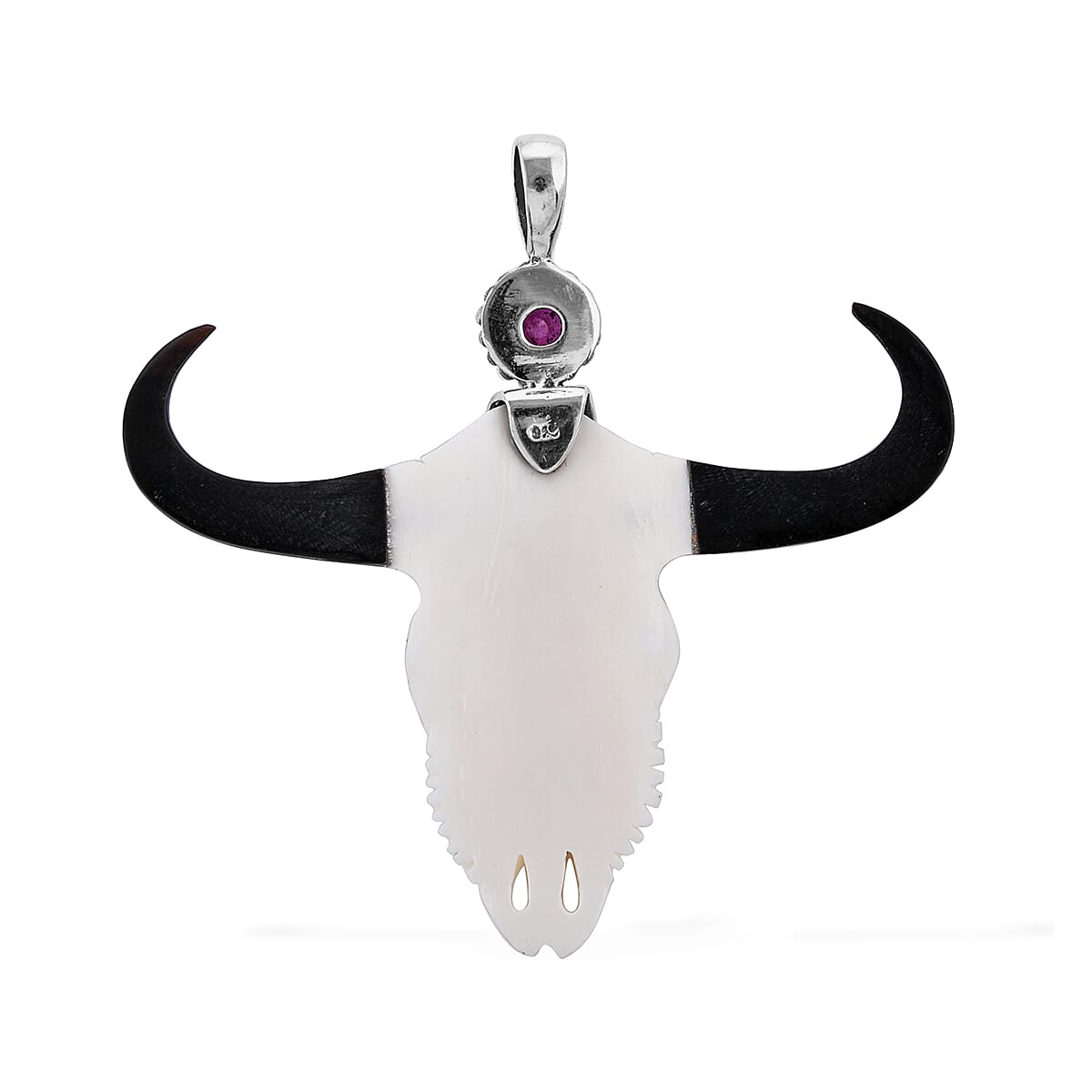Princess Bali Collection OX Bone Carved Face and African Ruby Pendant in Sterling Silver 1.221 Ct.