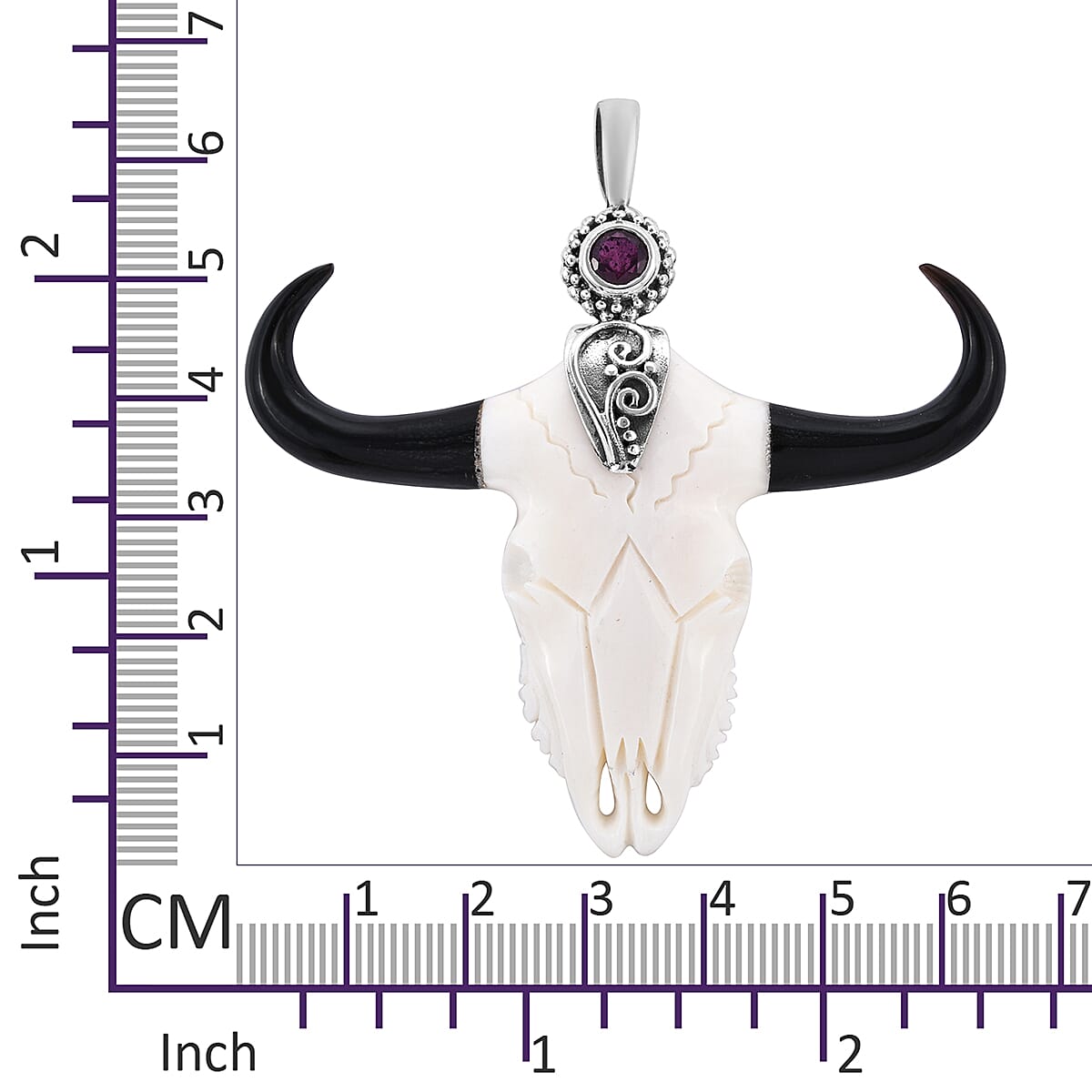 Princess Bali Collection OX Bone Carved Face and African Ruby Pendant in Sterling Silver 1.221 Ct.
