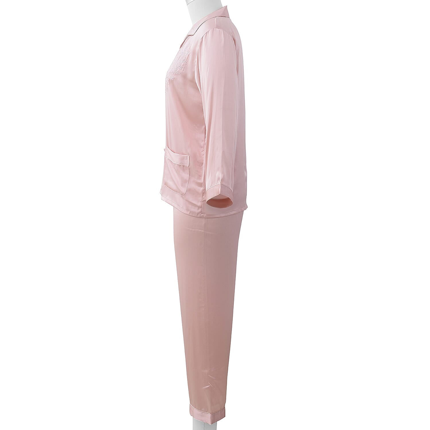Mulberry Silk Pyjama Long Sleeves with Embroidery in Powder Pink Colour