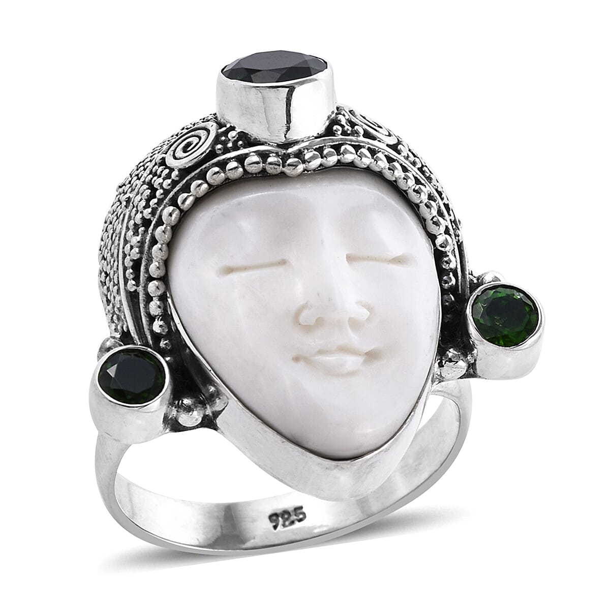 Princess Bali Collection OX Bone Carved Face (Pear) and Chrome Diopside Ring in Sterling Silver 3.06 Ct, Silver wt 9.32 Gms