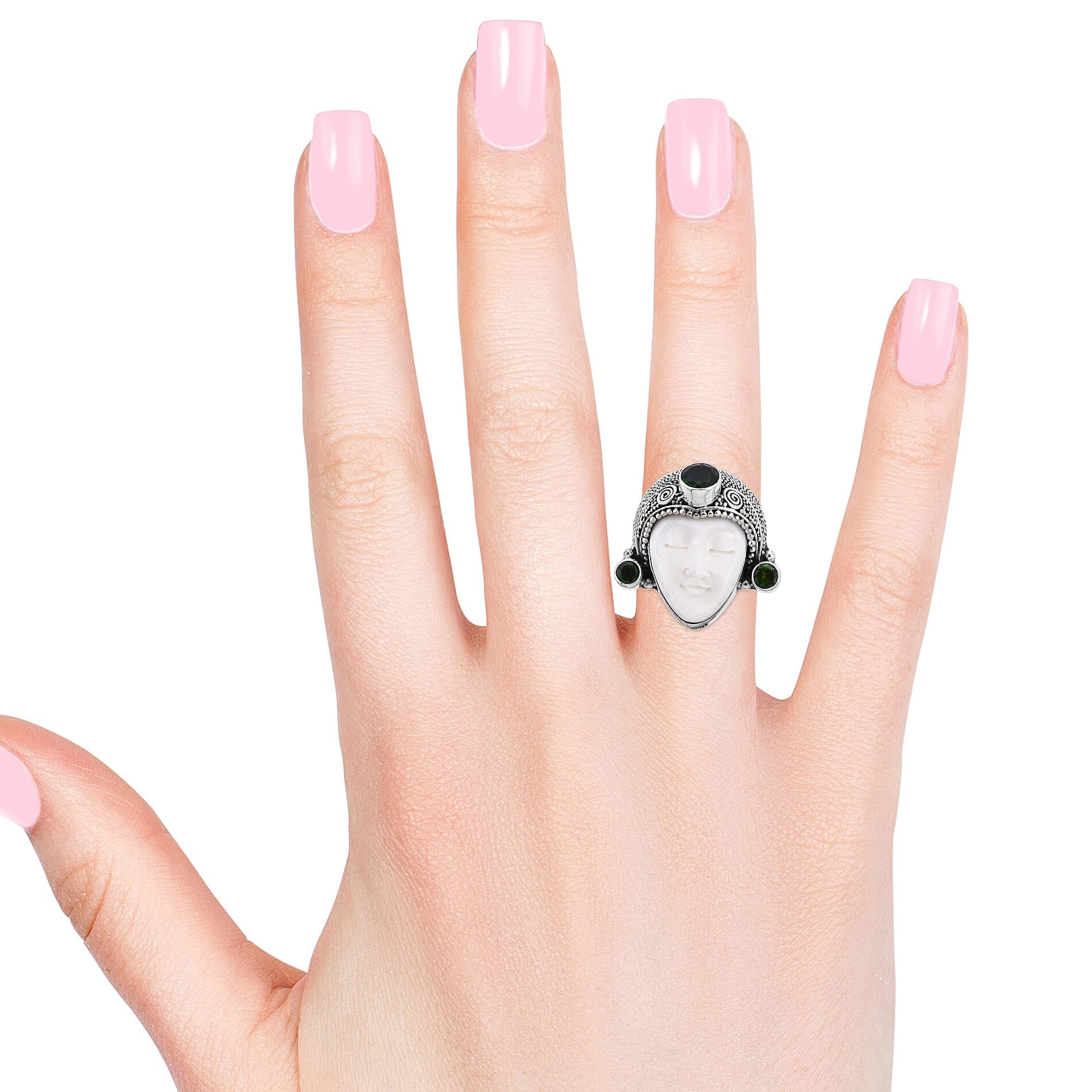 Princess Bali Collection OX Bone Carved Face (Pear) and Chrome Diopside Ring in Sterling Silver 3.06 Ct, Silver wt 9.32 Gms