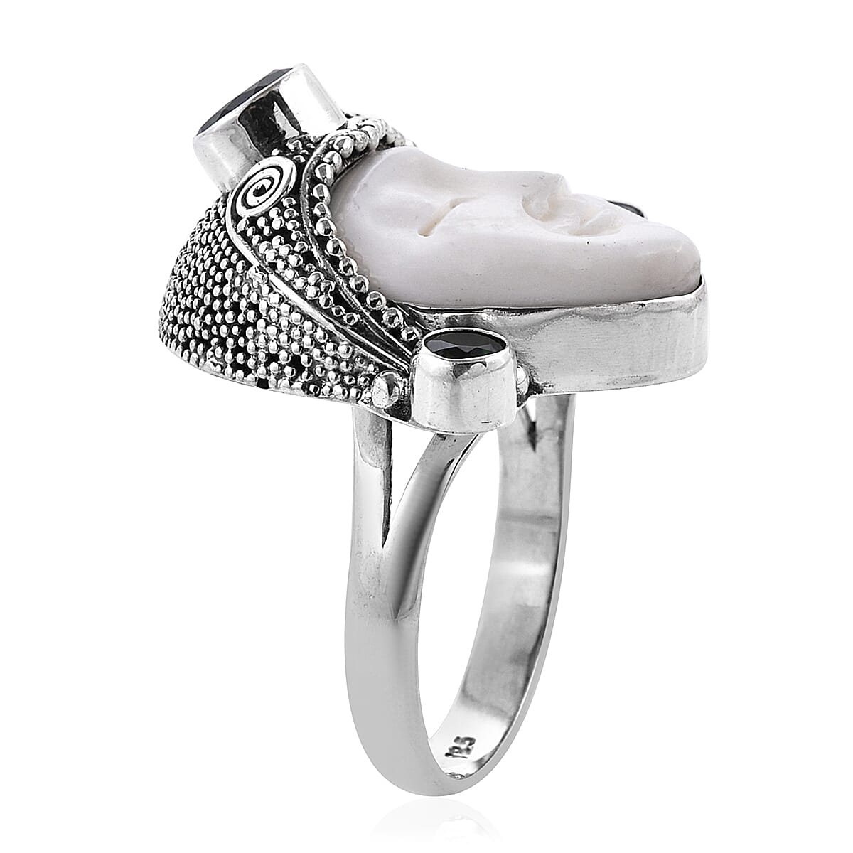 Princess Bali Collection OX Bone Carved Face (Pear) and Chrome Diopside Ring in Sterling Silver 3.06 Ct, Silver wt 9.32 Gms