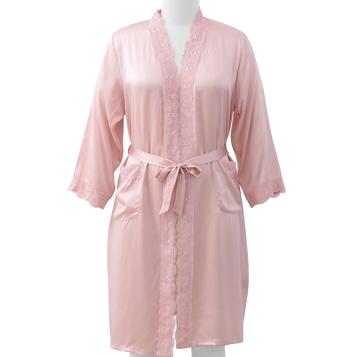 100% Mulberry Silk Robe with Lace in Powder Pink Colour - Size L (Fits M-L)