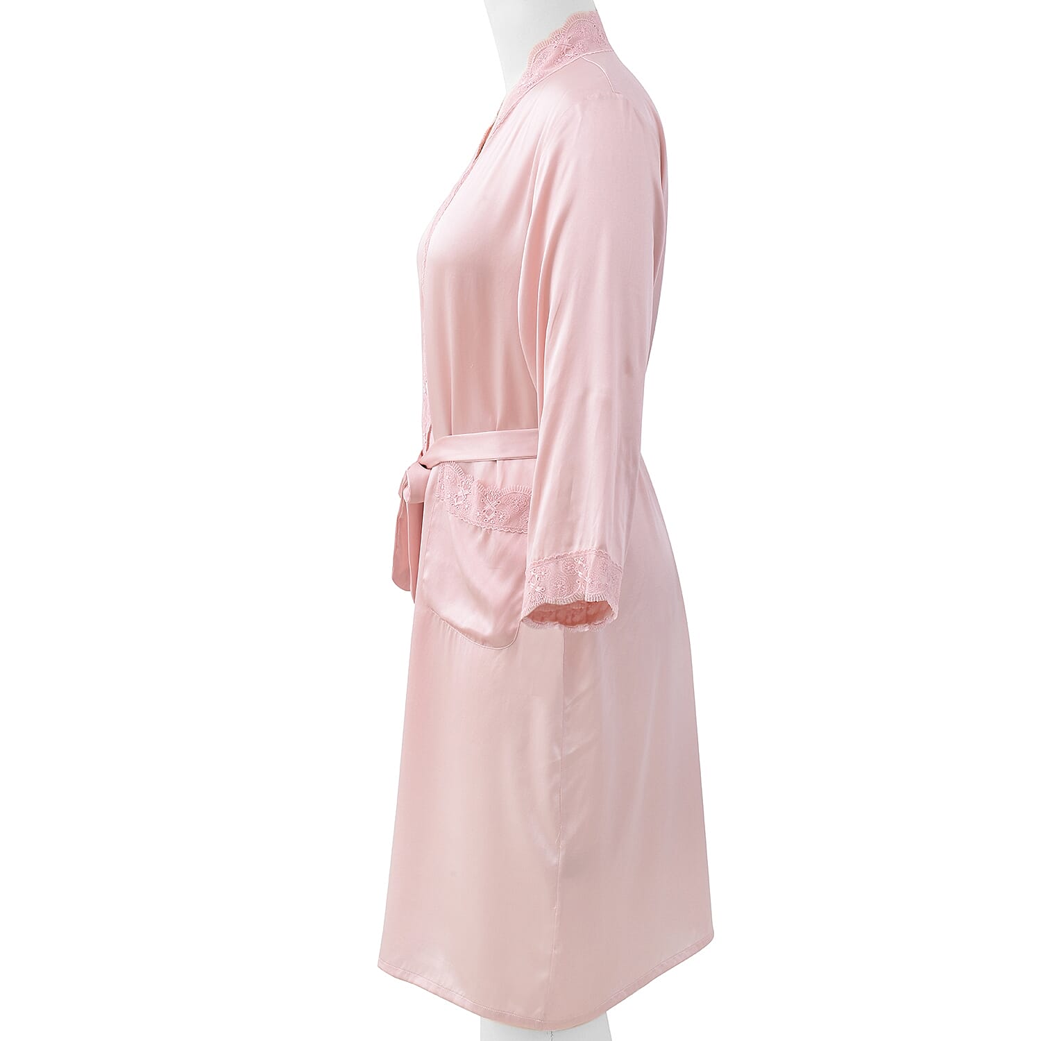100% Mulberry Silk Robe with Lace in Powder Pink Colour - Size L (Fits M-L)