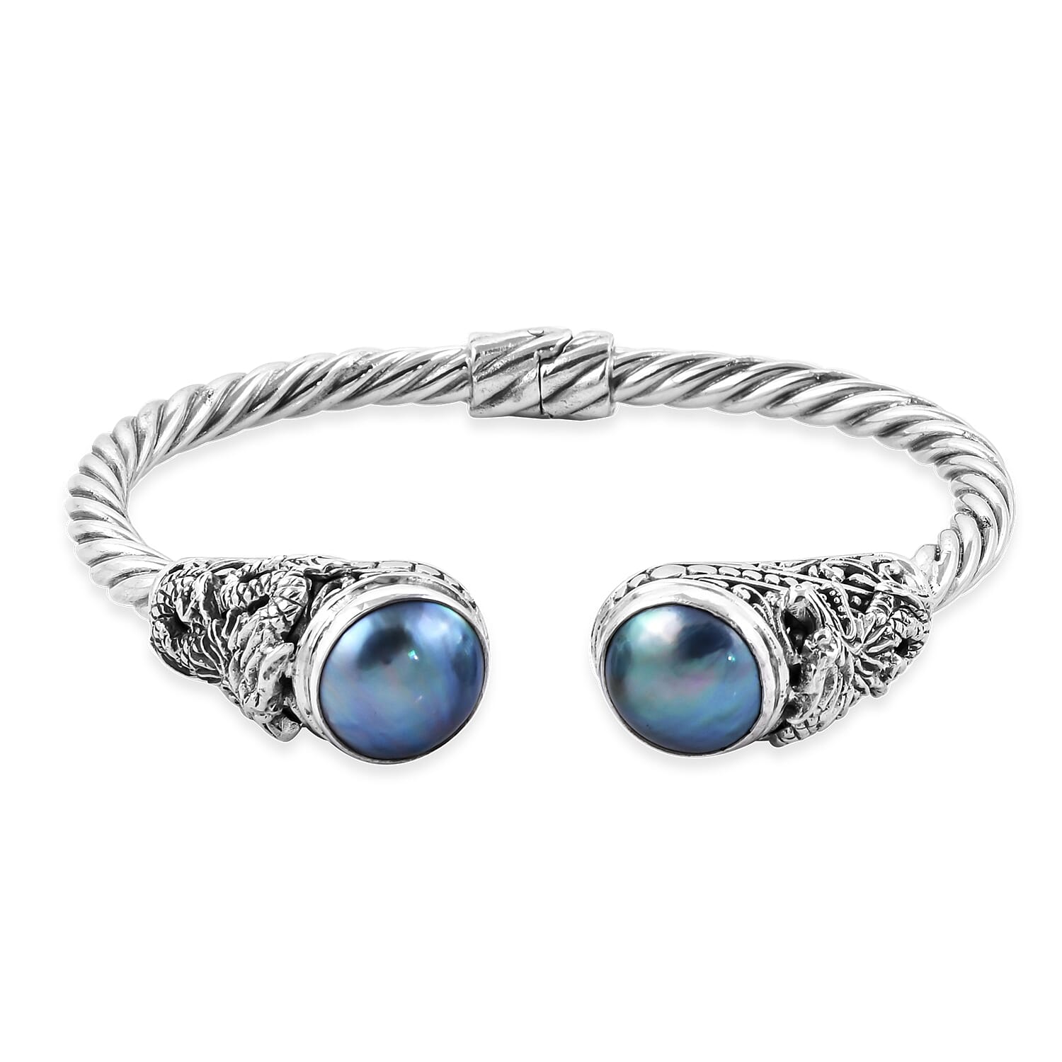 Royal Bali Collection Blue Mabe Pearl (Rnd 14 mm) Twisted Cuff Bangle (Size 7.5) in Sterling Silver, Silver wt 29.00 Gms