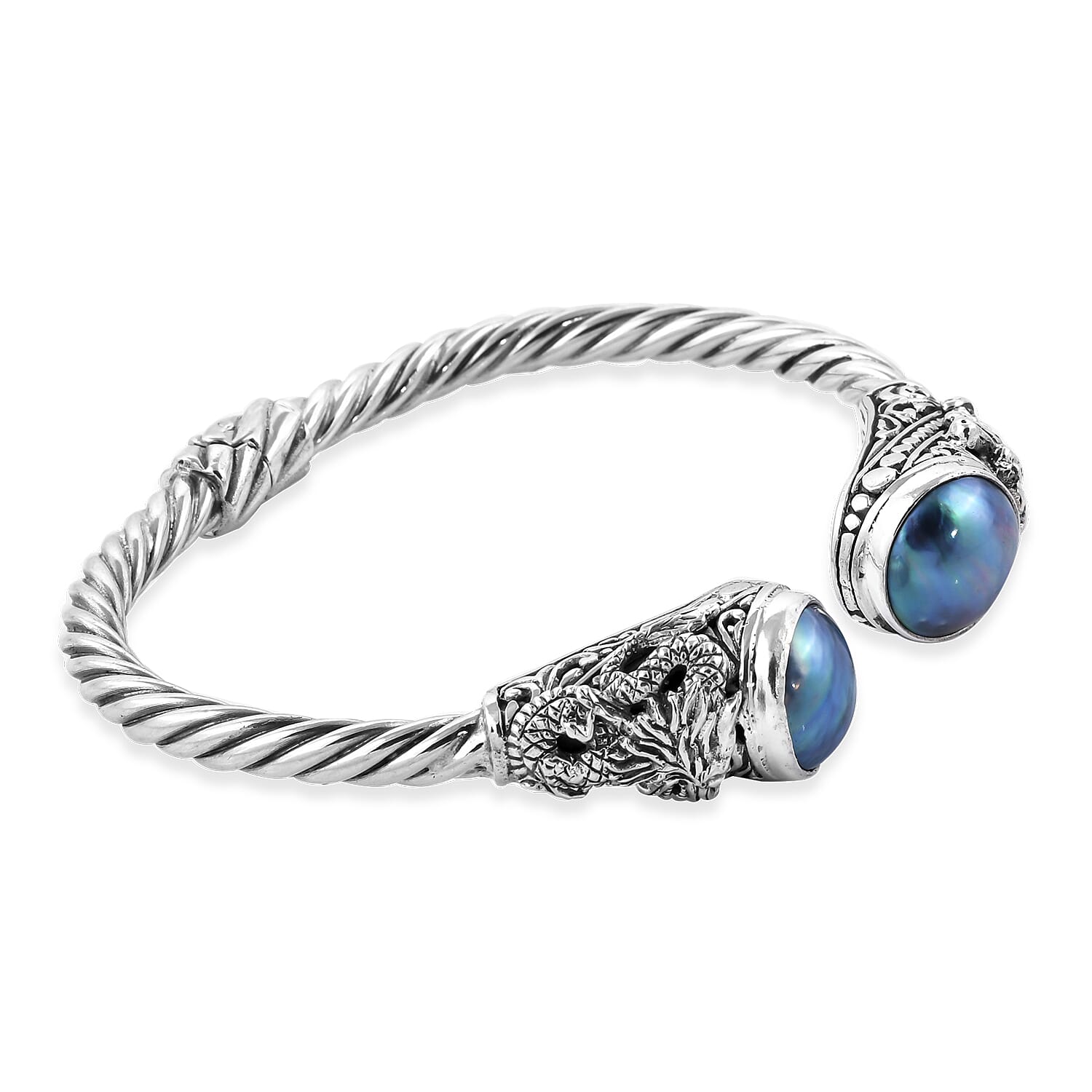 Royal Bali Collection Blue Mabe Pearl (Rnd 14 mm) Twisted Cuff Bangle (Size 7.5) in Sterling Silver, Silver wt 29.00 Gms