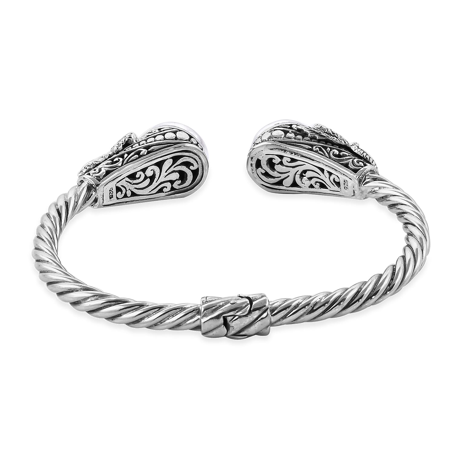 Royal Bali Collection Blue Mabe Pearl (Rnd 14 mm) Twisted Cuff Bangle (Size 7.5) in Sterling Silver, Silver wt 29.00 Gms