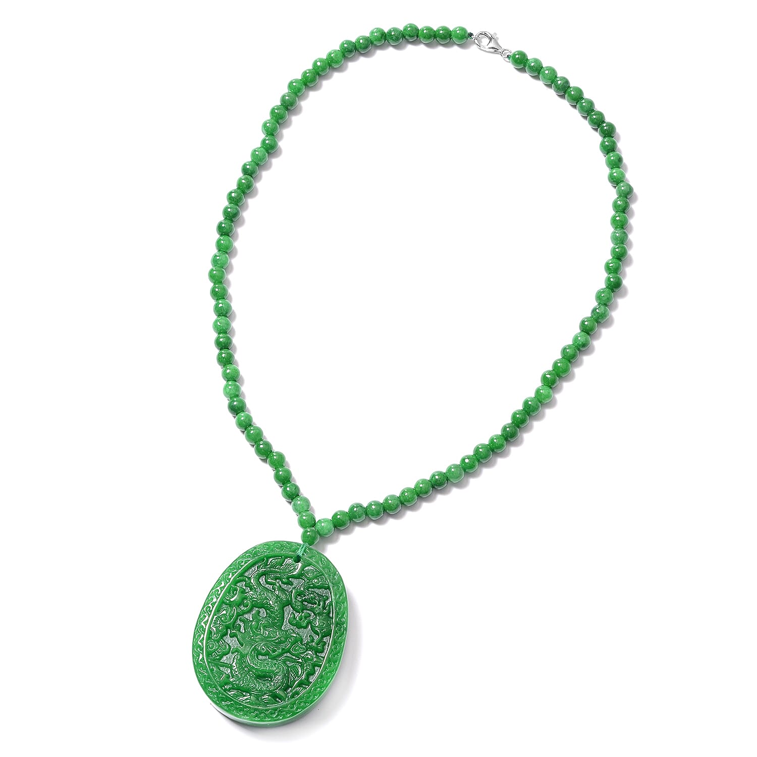 Extremely Rare Size Carved Symoblic Dragon and Phoenix Green Jade Necklace (Size 18) in Rhodium Overlay Sterling Silver 421.50 Ct.