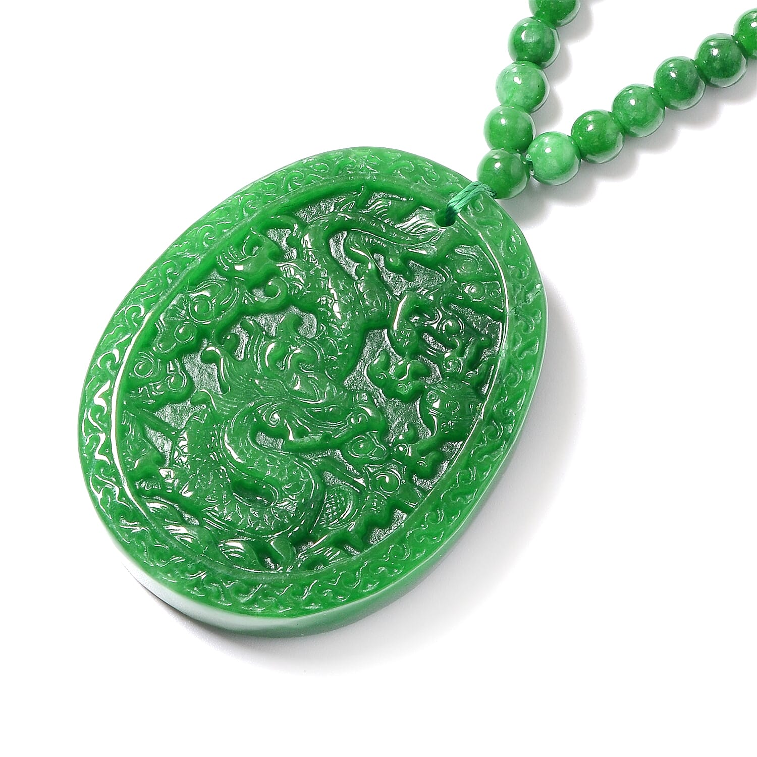 Extremely Rare Size Carved Symoblic Dragon and Phoenix Green Jade Necklace (Size 18) in Rhodium Overlay Sterling Silver 421.50 Ct.