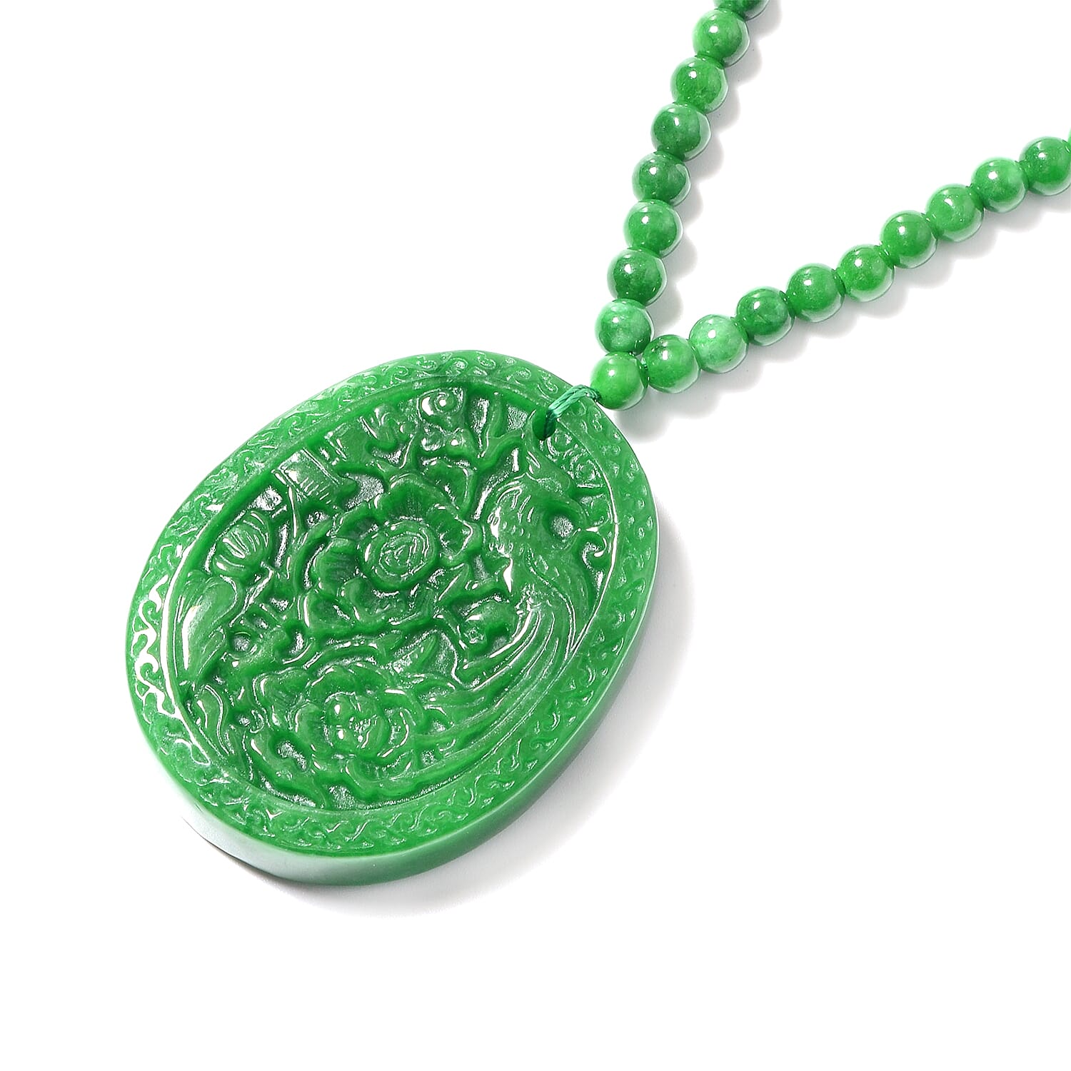 Extremely Rare Size Carved Symoblic Dragon and Phoenix Green Jade Necklace (Size 18) in Rhodium Overlay Sterling Silver 421.50 Ct.