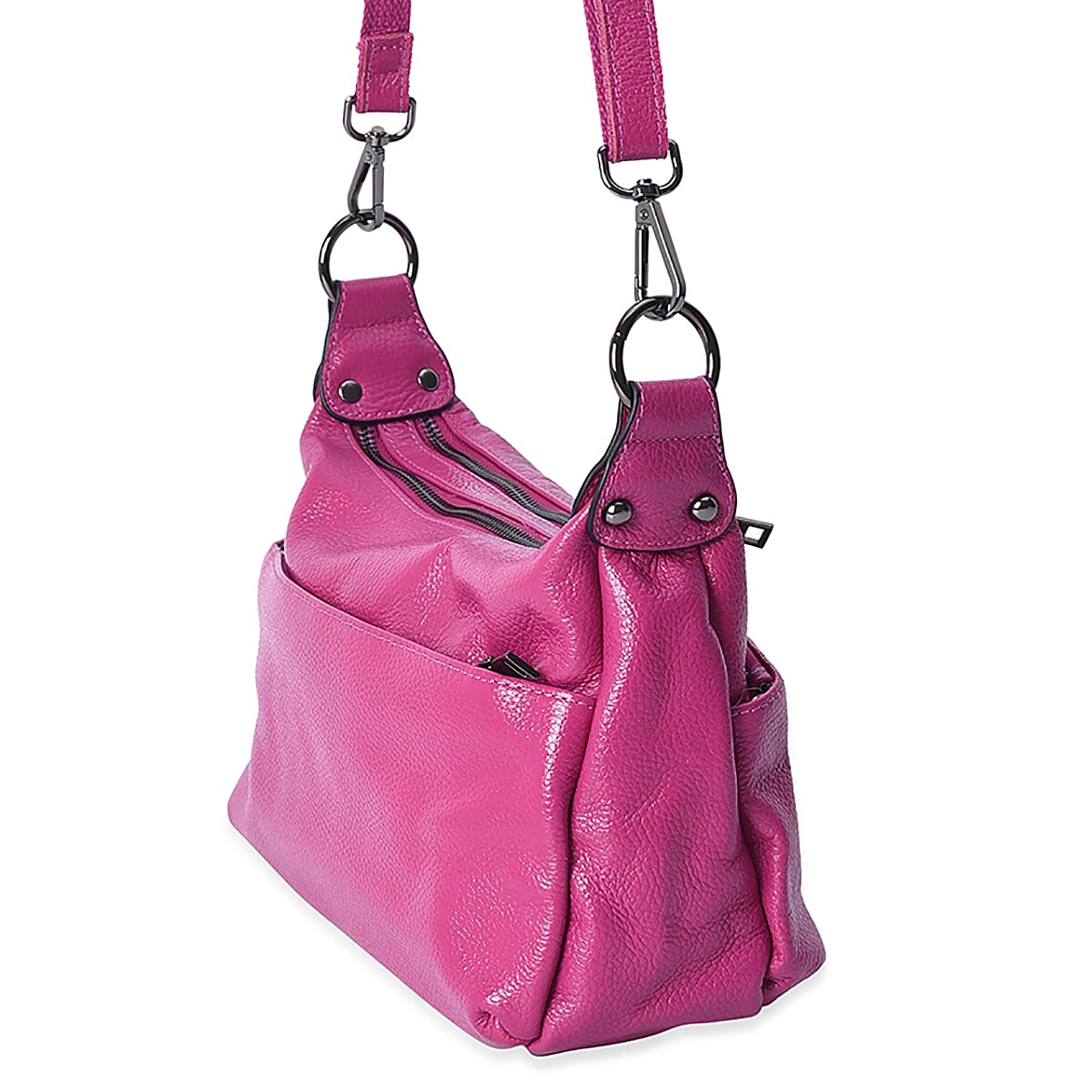 Close Out Deal - 100% Genuine Leather Fuchsia Colour Multi Pocket Crossbody Bag with Removable Shoulder Strap (Size 26.5x8.5x17 Cm)