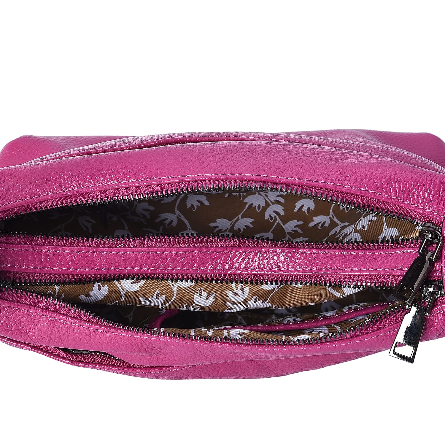 Close Out Deal - 100% Genuine Leather Fuchsia Colour Multi Pocket Crossbody Bag with Removable Shoulder Strap (Size 26.5x8.5x17 Cm)