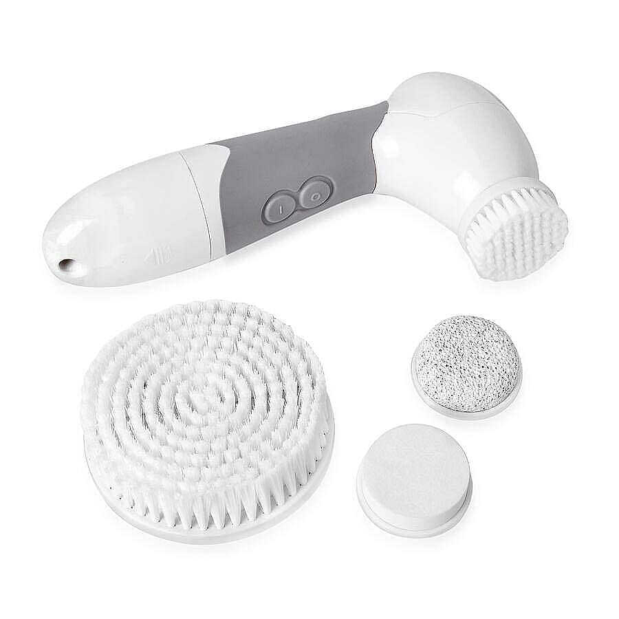 5 Piece Set - Hand-Held Cordless Cleansing Tool (Size 17x7.5 Cm) with 1 Body Scrub Brush, 1 Face Scrub Brush, 1 Face Sponge and 1 Pumice Stone- Grey
