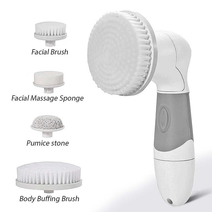 5 Piece Set - Hand-Held Cordless Cleansing Tool (Size 17x7.5 Cm) with 1 Body Scrub Brush, 1 Face Scrub Brush, 1 Face Sponge and 1 Pumice Stone- Grey