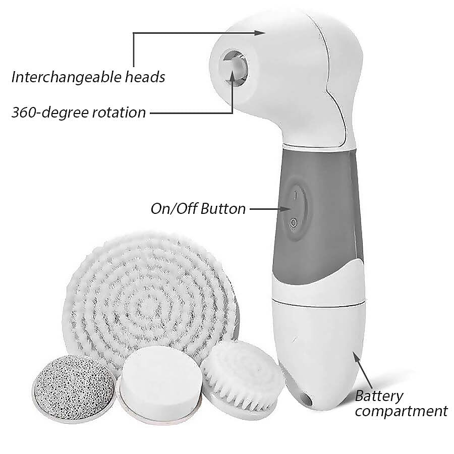 5 Piece Set - Hand-Held Cordless Cleansing Tool (Size 17x7.5 Cm) with 1 Body Scrub Brush, 1 Face Scrub Brush, 1 Face Sponge and 1 Pumice Stone- Grey